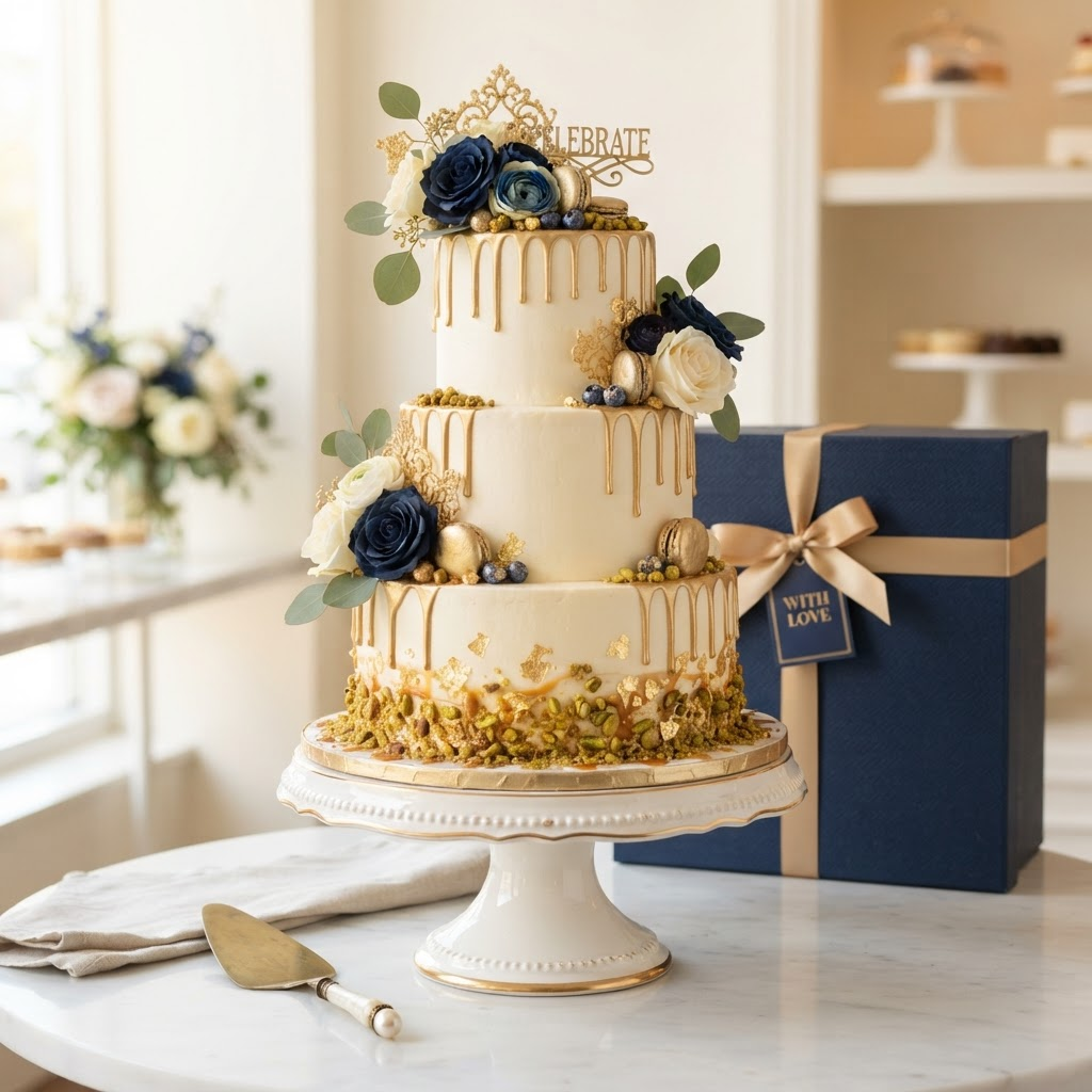 A custom celebration cake with gold-drip finish